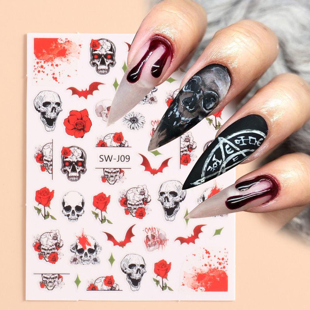 AUGUSTINA Agustina Halloween Stiker Kuku Hantu Kartun DIY Perekat Diri Aksesoris Manicure Skeleton Nail Tips Decal