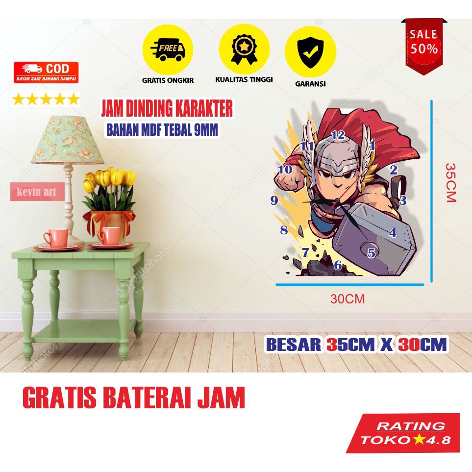 JAM DINDING KAYU UNIK ANGKA BESAR KARAKTER MARVEL THOR MURAH DEKORASI DINGDING KAMAR ANAK COWO KOLEKSI HADIAH KADO ULANG TAHUN LUCU KEREN TEBAL MURAH TEMPEL TEMBOK