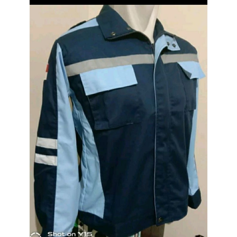 SERAGAM SAFETY BIRU LANGIT KOMBINASI DONGKER RESLETING SEMI JAKET KAIN DRILL