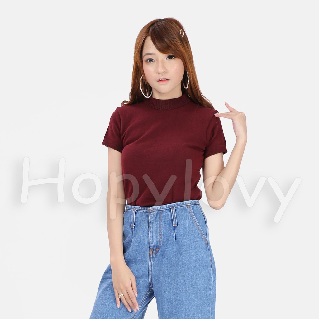 HOPYLOVY - Atasan Rajut Wanita Turtleneck / Kerah Tinggi Lengan Pendek Nadira-Maroon