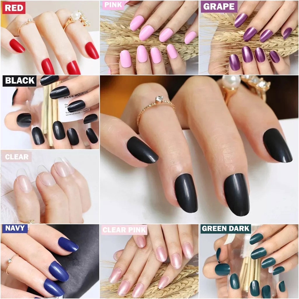 Kuku palsu polos glossy isi 24 pendek oval medium warna glossy simple fake nails lancip langsung tempel nail art untuk wanita remaja dewasa