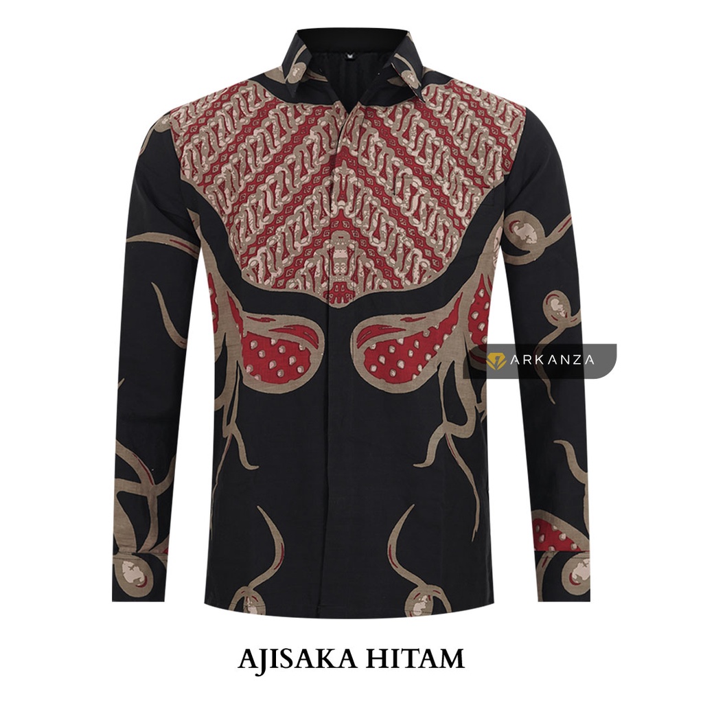 BATIK ARKANZA Motif AJISAKA HITAM Hem Atasan Kemeja Baju Batik Pria Cowok Laki Laki Slimfit Full Lapis Furing Lengan Pendek