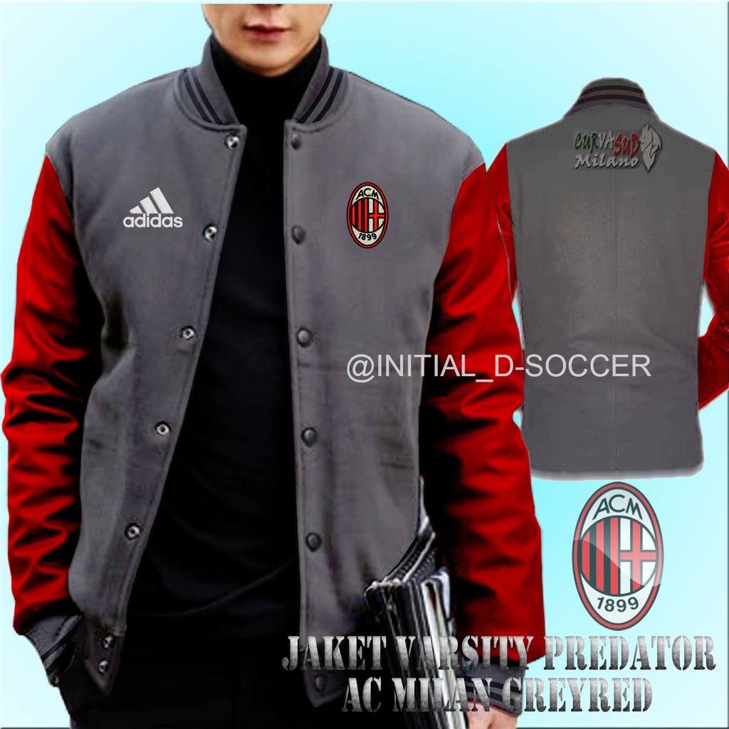 FREE ONGKIR  Jaket Varsity Predator Ac Milan Greyred | Jaket Baseball Milan | Jaket Distro Milan