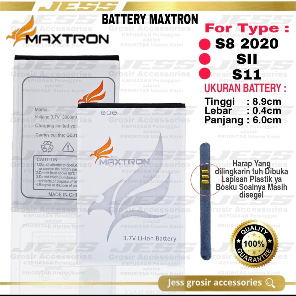 Baterai Batre Original MAXTRON S8 2020 ( ukuran Battery Panjang 6.0 cm Tinggi 8.9 cm Lebar 0.4 cm )