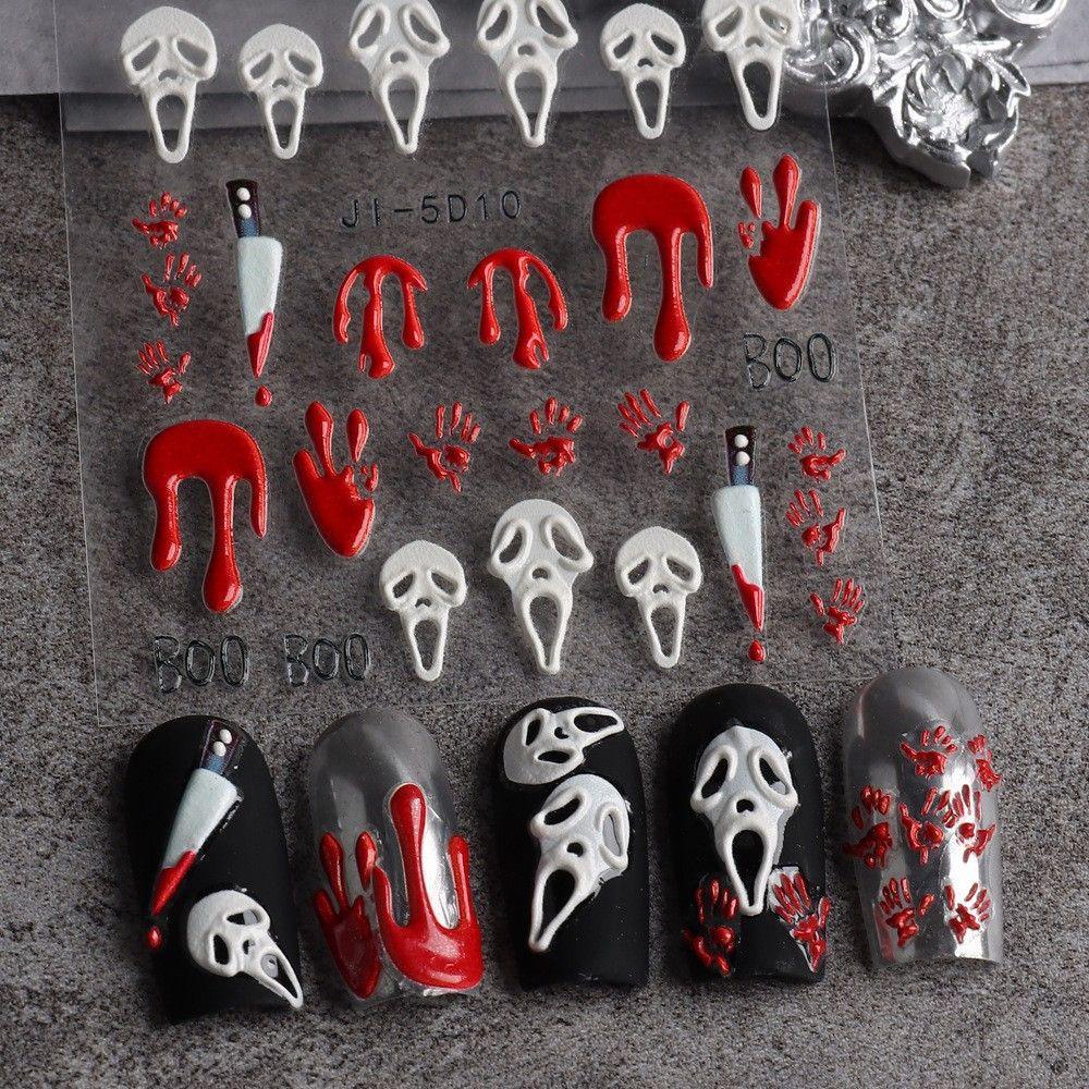 Needway   Kuku Timbul Stiker DIY Darah Horror Mata Mawar Hantu Tulang Kuku Salon Halloween Manicuring Sticker