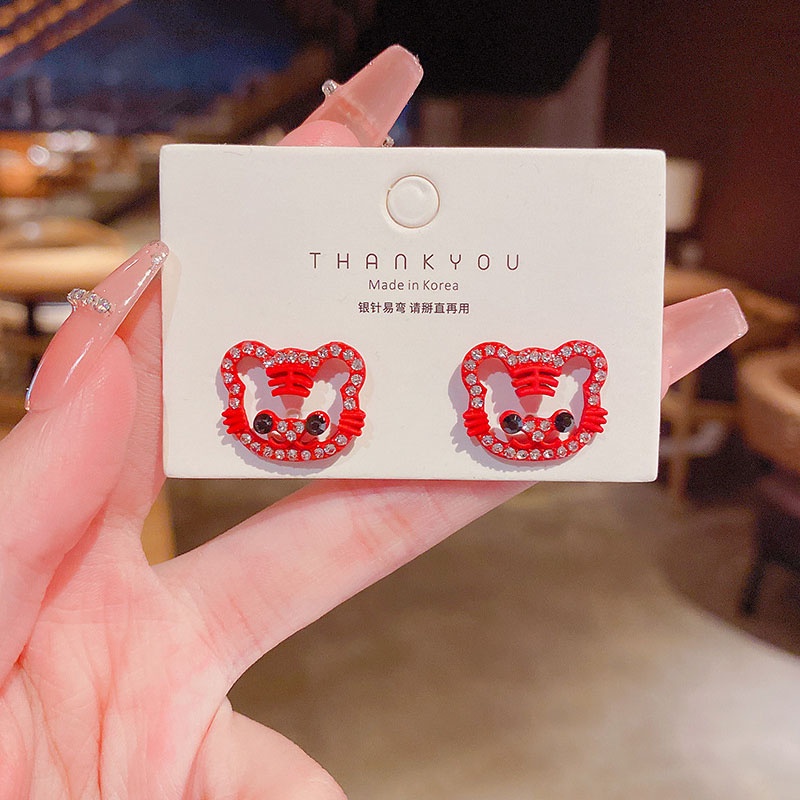 Anting Stud Desain Harimau Merah Kecil Aksen Berlian Bahan S925 Silver Needle