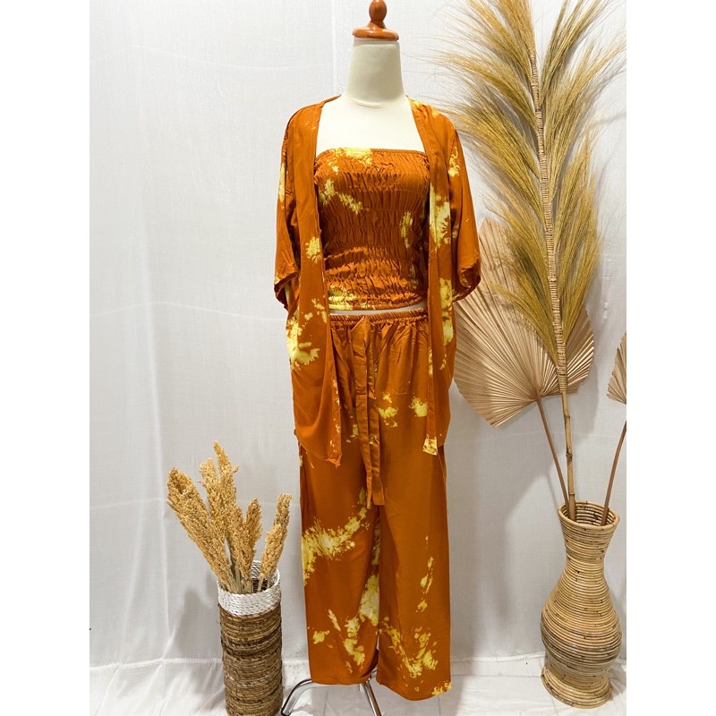 PUSAT FASHION WANITA TERLARIS SETELAN CARDIGAN KEMBEN TIE DIE BALI | VIRAL | KEKINIAN-Orange