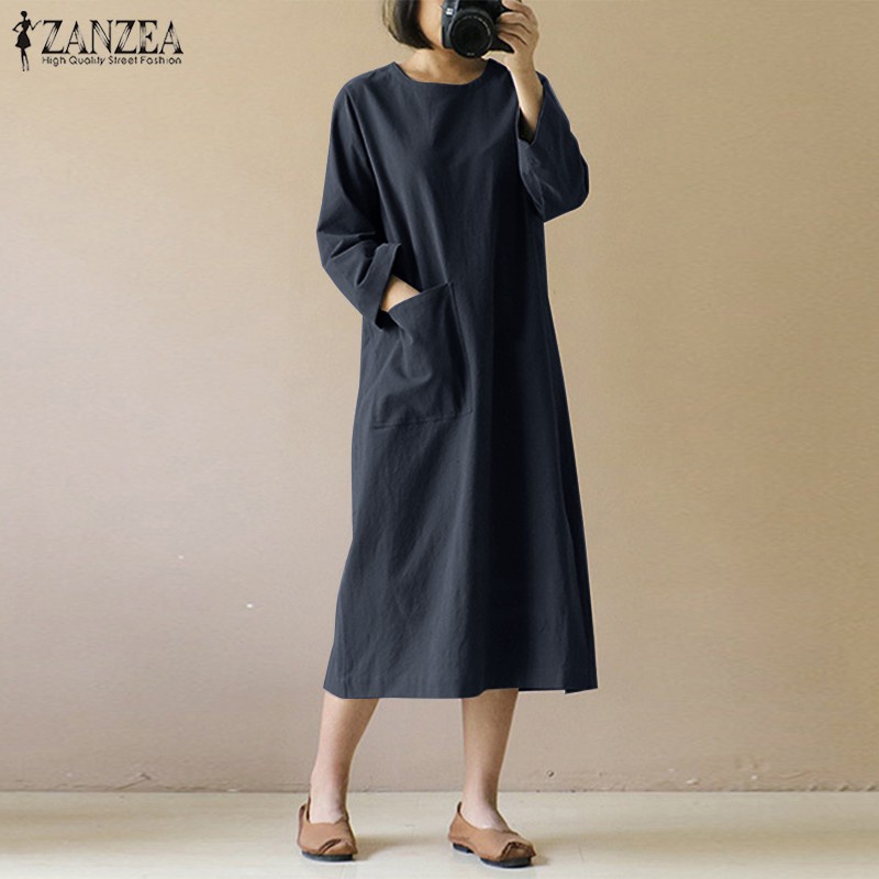 ZANZEA Womens Plus Size 3/4 Sleeve Loose Cotton Long Dress