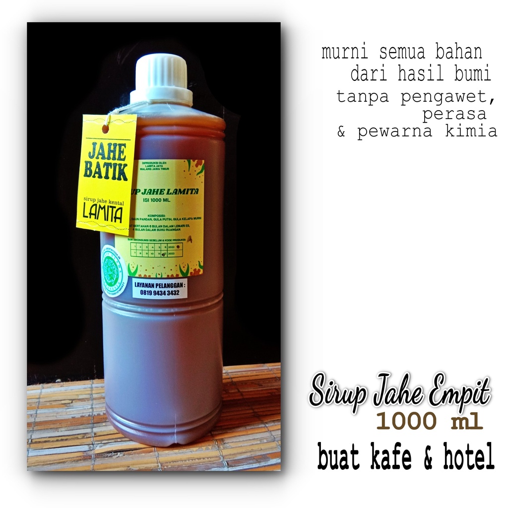 

LAMITA, Sirup Jahe Emprit Kental 1000 ml LAMITA untuk hotel & cafe/kafe. Tanpa Pengawet kimia.