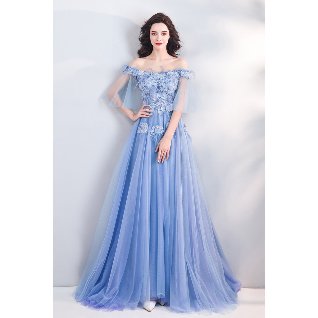 luxury evening dress princess blue boat neck vintage evening dress blue flower evening dress 2020