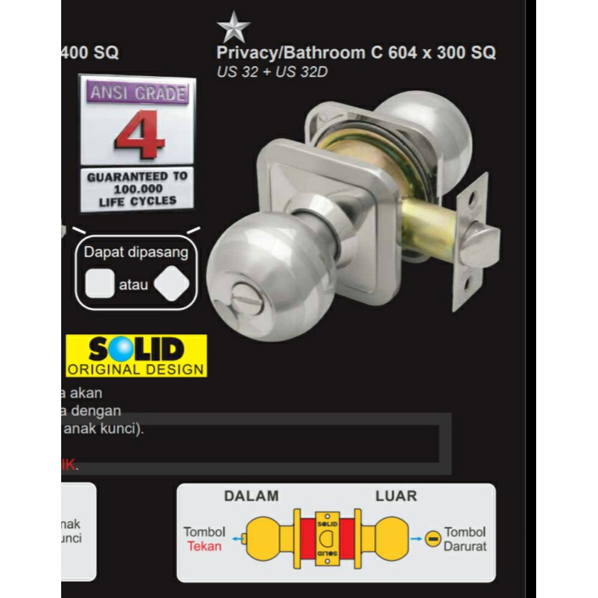 SOLID - KUNCI PINTU BULAT/CYLINDRICAL LOCKSET SOLID C 604 X 300 SQ SUS 304 TANPA ANAK KUNCI
