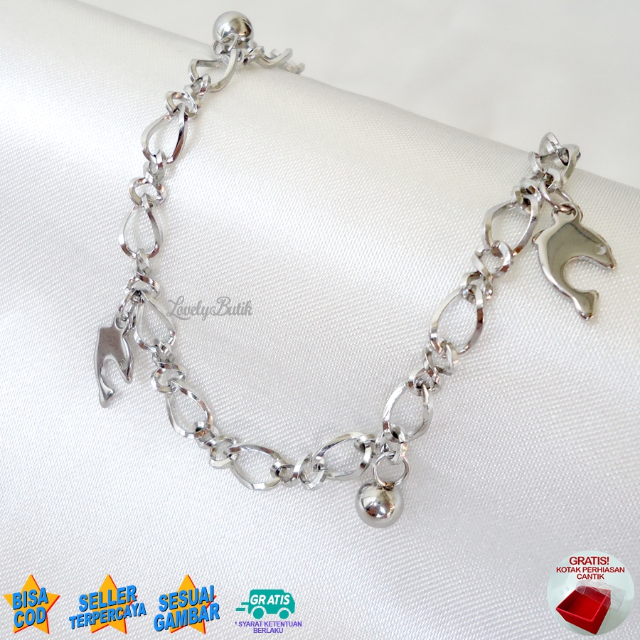 Lovelybutik - Gelang Titanium Asli  Anti Luntur Rik4 Dolphin Gelang Tangan Wanita Rantai Ukuran 18 cm BONUS KOTAK PERHIASAN