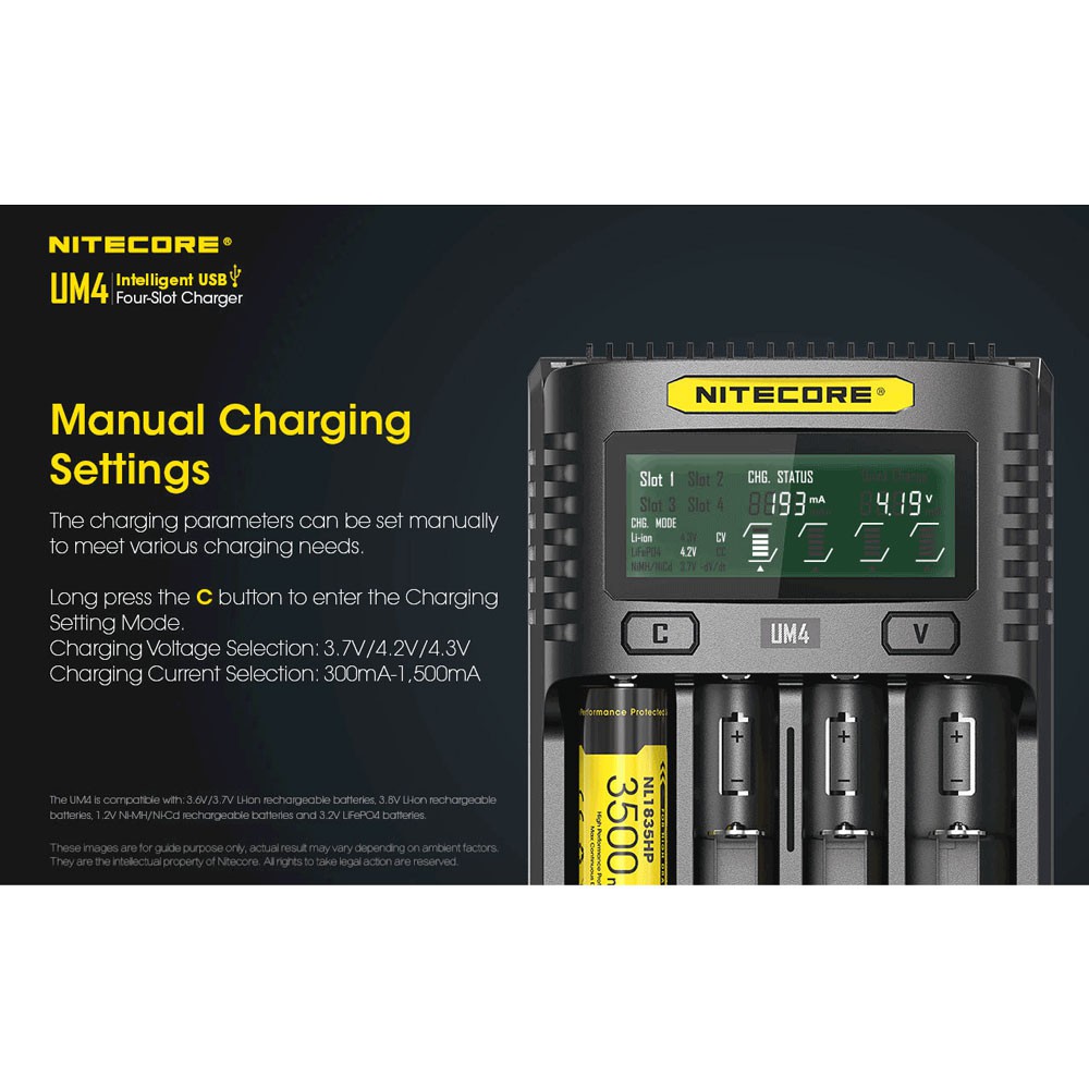 Nitecore Intelligent USB Charger Baterai 4 Slot Li-ion NiMH - UM4 - NRAD0SBK Black