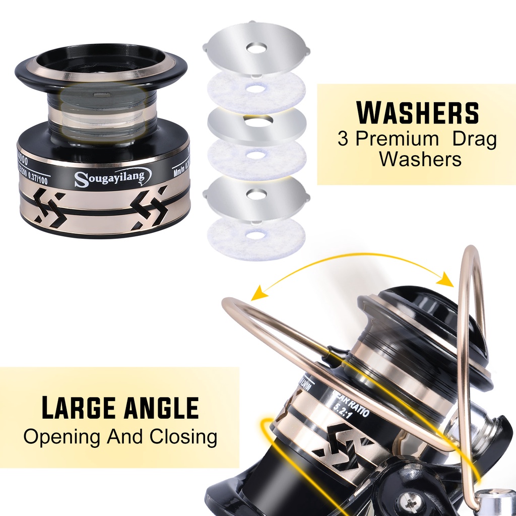 Reel Pancing 1 BB Fishing Reel Spinning Fishing Reel 5.2: 1 Rasio Gear Fishing Reel Untuk Memancing Air Tawar (Tape A/Tipe B) Tambahan kail ikan dan 5 cacing merah kecil