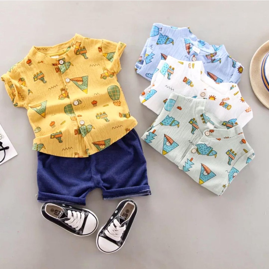 KEMEJA ASLI IMPORT SPORTY DINO 11 MOTIF Setelan Kemeja Celana  Dasi Pergi Jalan Fashion Anak Bayi Cowok Laki Terlaris lucu
