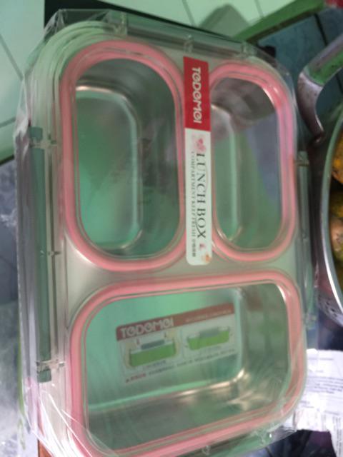 Kotak Makan Anak Lunchbox Tedemei 6540 Pink Green Blue Stainles Tempat Bekal Anti Tumpah 3 Sekat