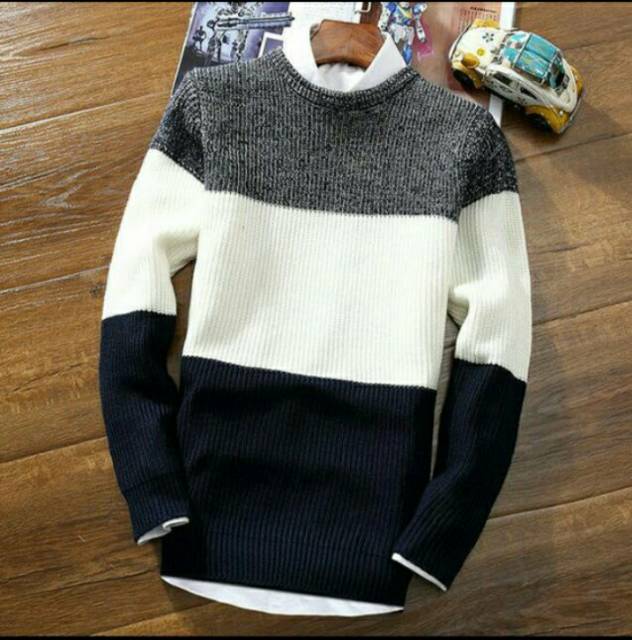 Sweater rajut katun round slim strip premium