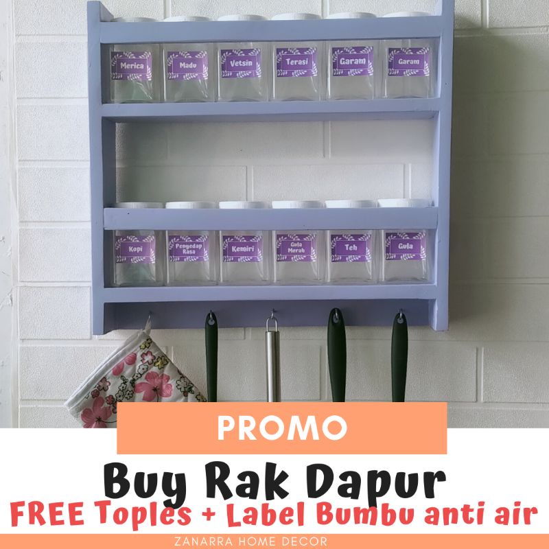 Rak Dapur Gantung Susun Rak Bumbu Dapur Dinding Minimalis Warna Ungu Gratis Toples Bumbu ada label A