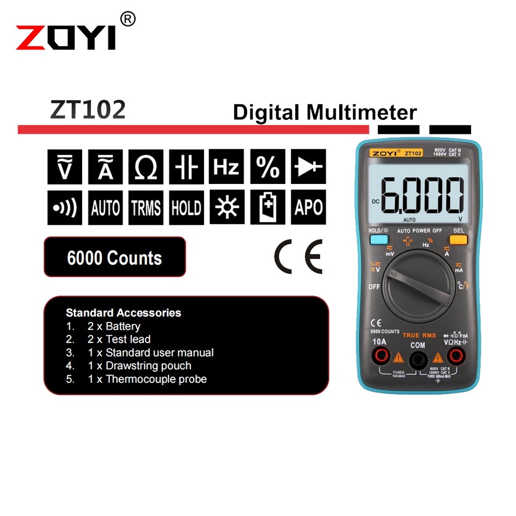 ZOYI ZT102 True RMS Avometer Digital AC DC Voltage Current Suhu Temperature Frequency Diode
