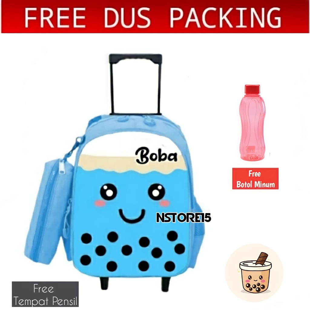 Tas ransel troli anak karakter Boba 3in1 - tas + tempat pinsil + botol / Ransel Troly Boba Tas dorong karakter tas roda terbaru