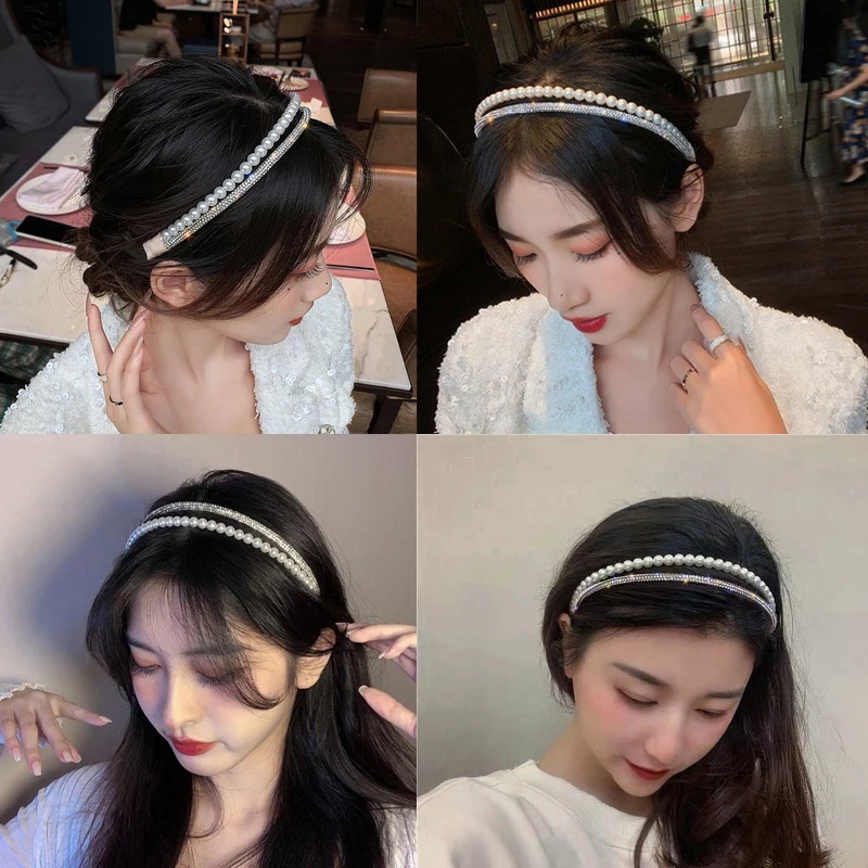 Bando Mutiara Berlian Imitasi Lapisan Ganda Untuk Aksesoris Rambut Wanita