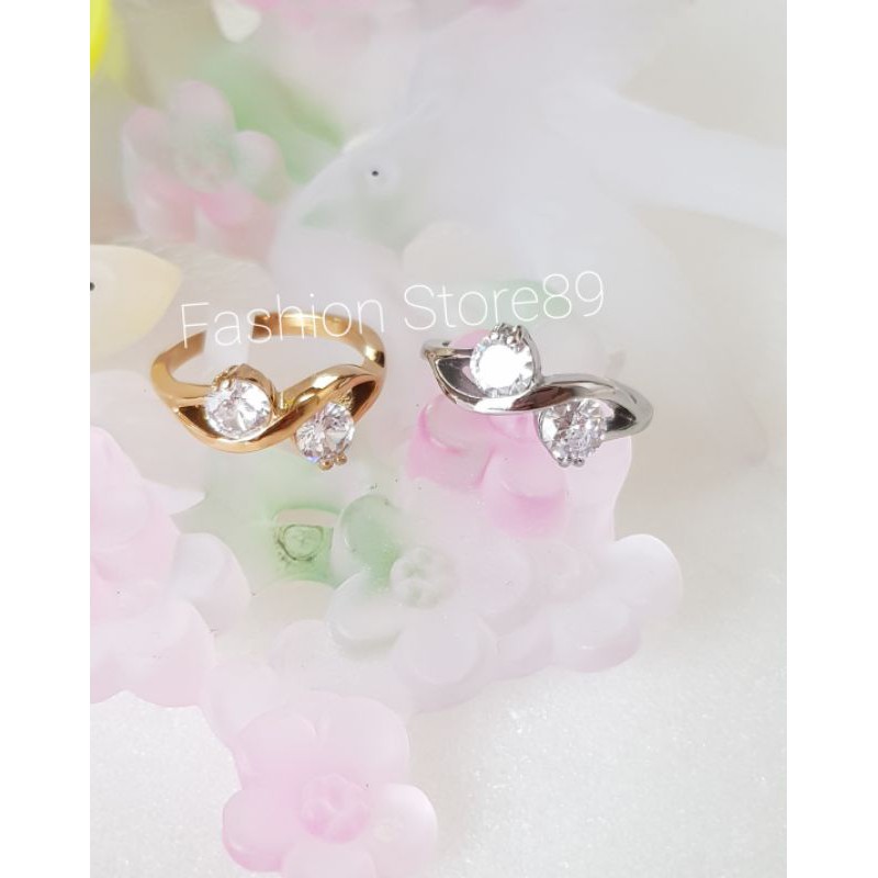 Cincin Titanium silver Double permata elegant cincin nikah halal impor titanium white 2permata putih