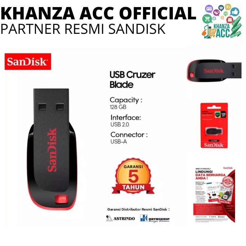 KHANZAACC Flashdisk USB Sandisk Cruzer Blade 128GB FD Original Bergaransi Resmi