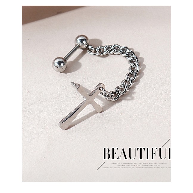 LRC Anting Tusuk Fashion Silver Color Cross Alloy Long Unilateral Earrings Y64801