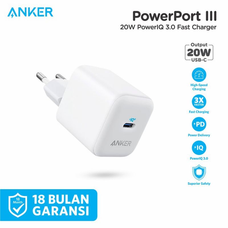 Anker PD 20W 3.0 Fast USB C Charger Adapter PowerPort III Fast Charging iPhone 12 13 Garansi Resmi 1