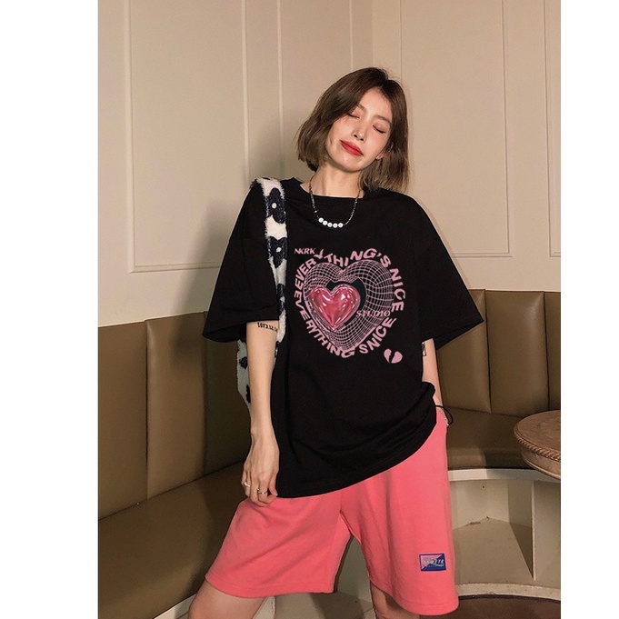 baju wanita oversize cartoon doodle T-shirt lengan pendek kaos korean style kaos hitam