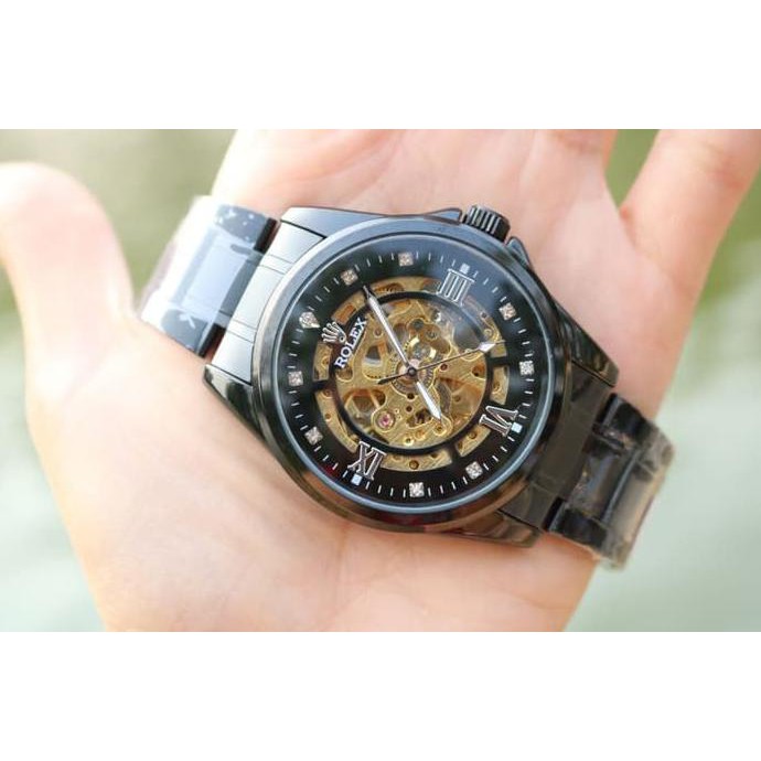 Promo Jam Tangan Pria Rolex Automatic Skeleton Besar Full Black (Gold Romawi Diskon