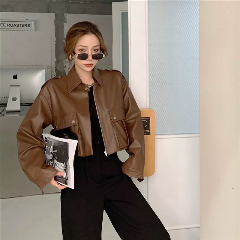 Mantel Kulit Antik Wanita 2020 Baru Longgar Hitam Pu Jaket Wanita Single Breasted Punk Pendek Faux Kulit Mantel Mujer