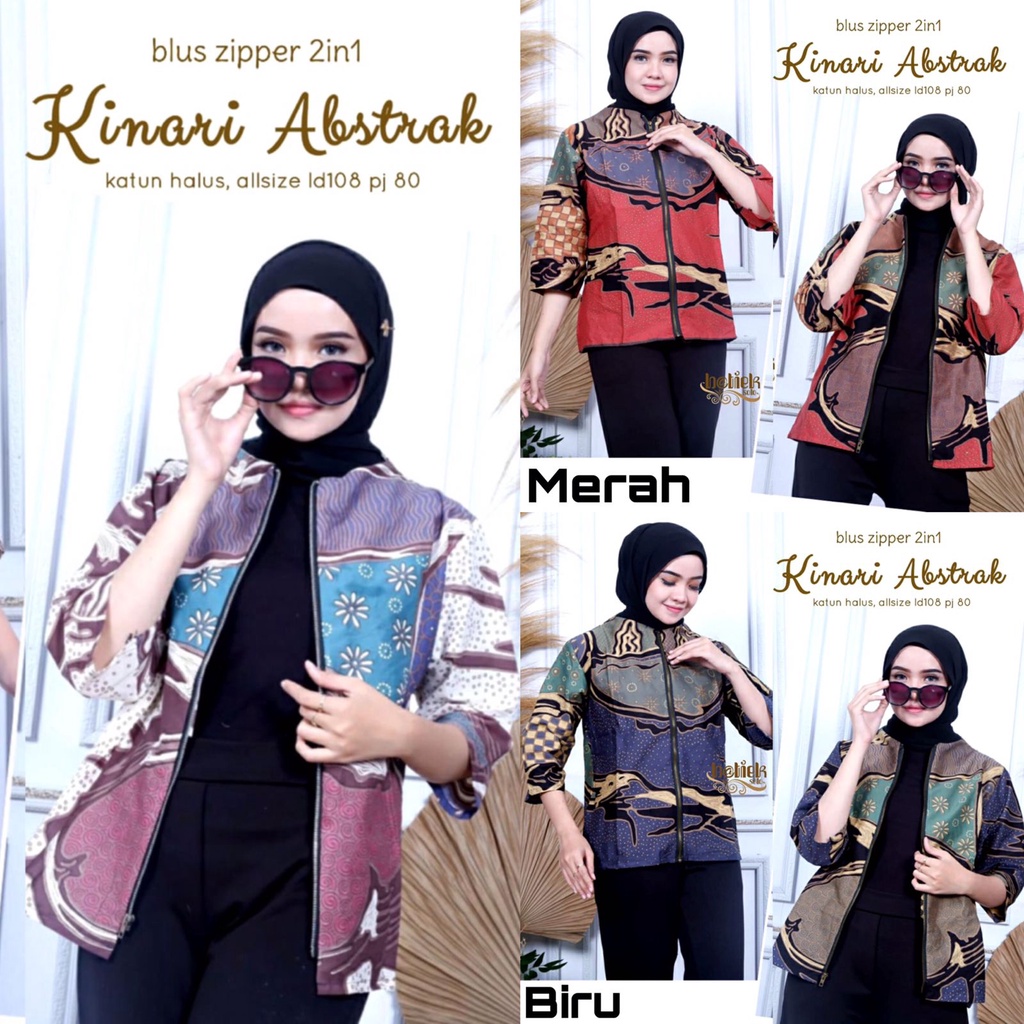 PREMIUM Blus Zipper Kinari Abstrak Batik 2in1 Outer Cantik Wanita Murah All Size Warna Lengan 3/4