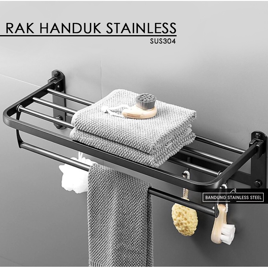 sus 304 Rak tempat handuk lipat stainless steel 5 baris plus kait 918 kamar mandi SILVER Hitam