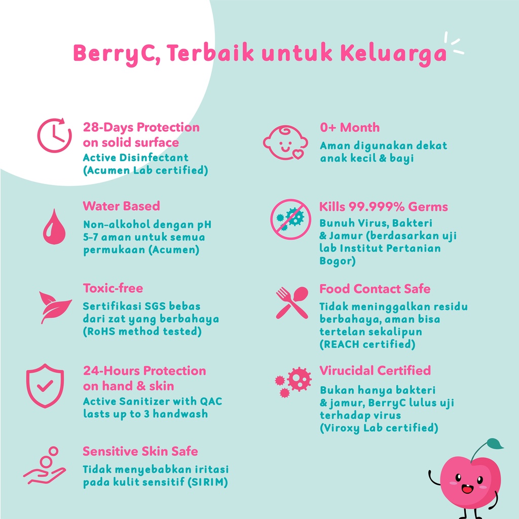 BerryC Active Sanitizer Spray 500ml Natural Food Grade Hand Antiseptik Non Alcohol Alkohol Aman untuk Bayi Anak Dewasa COVID19 HFMD Alat Makan Travel Size Refill Malaysia Halal Proteksi Protection Perlindungan Aktif Coronavirus Organik Harum Sensitif Skin