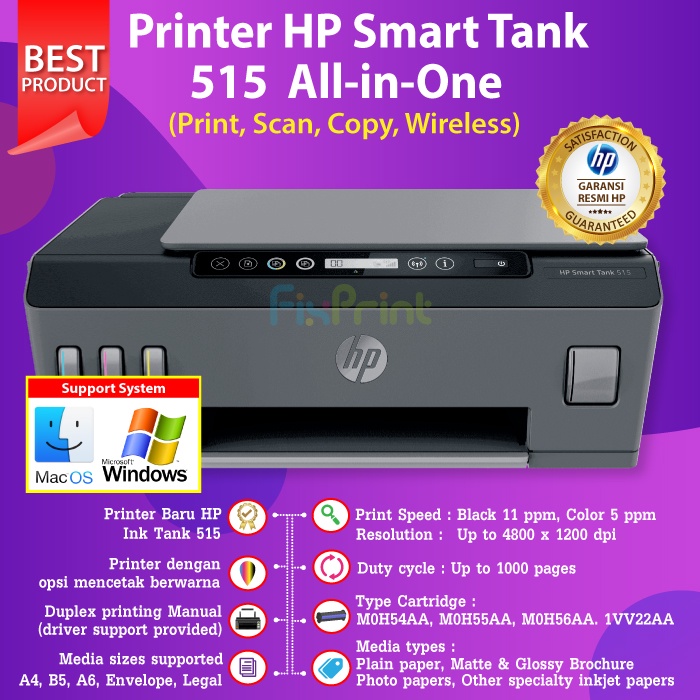 1TJ09A Printer HP Smart Tank 515 Print Scan Copy WiFi Wireless Tinta GT53 GT2