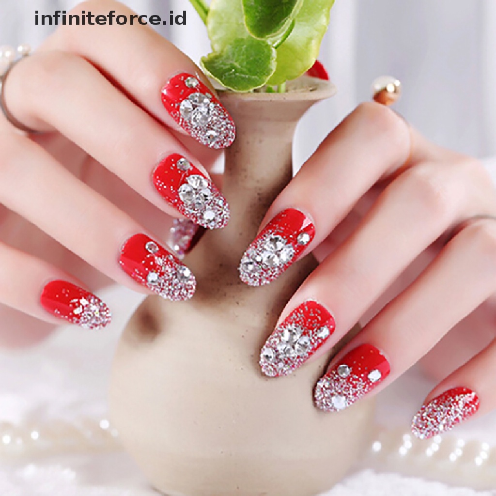 Infiniteforce.id 24Pcs / Set Kuku Palsu Akrilik UV Gel Warna Merah Untuk Nail Art