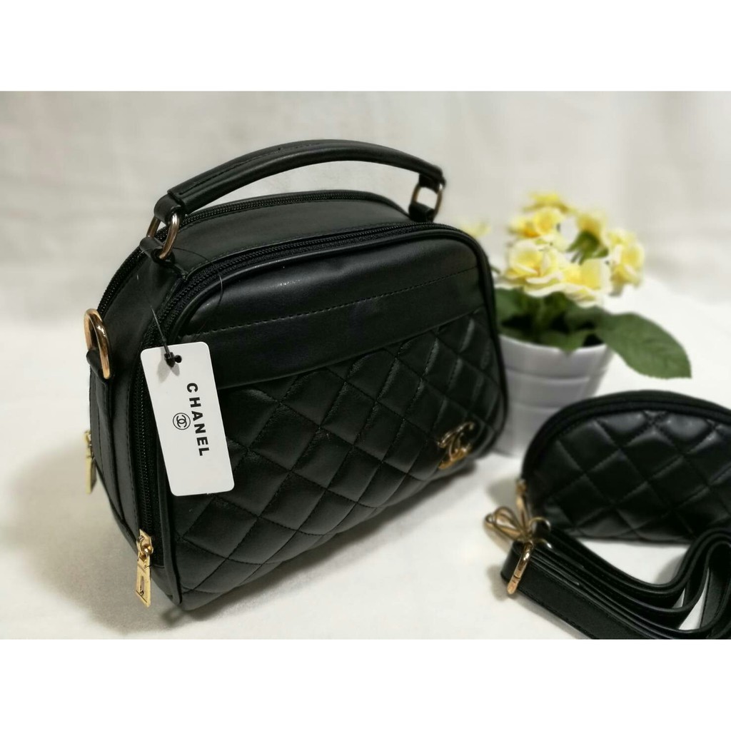 Hot Sale Tas Wanita Fashion Branded Chanel Apel 2 Ruang Set Dompet Warna Hitam