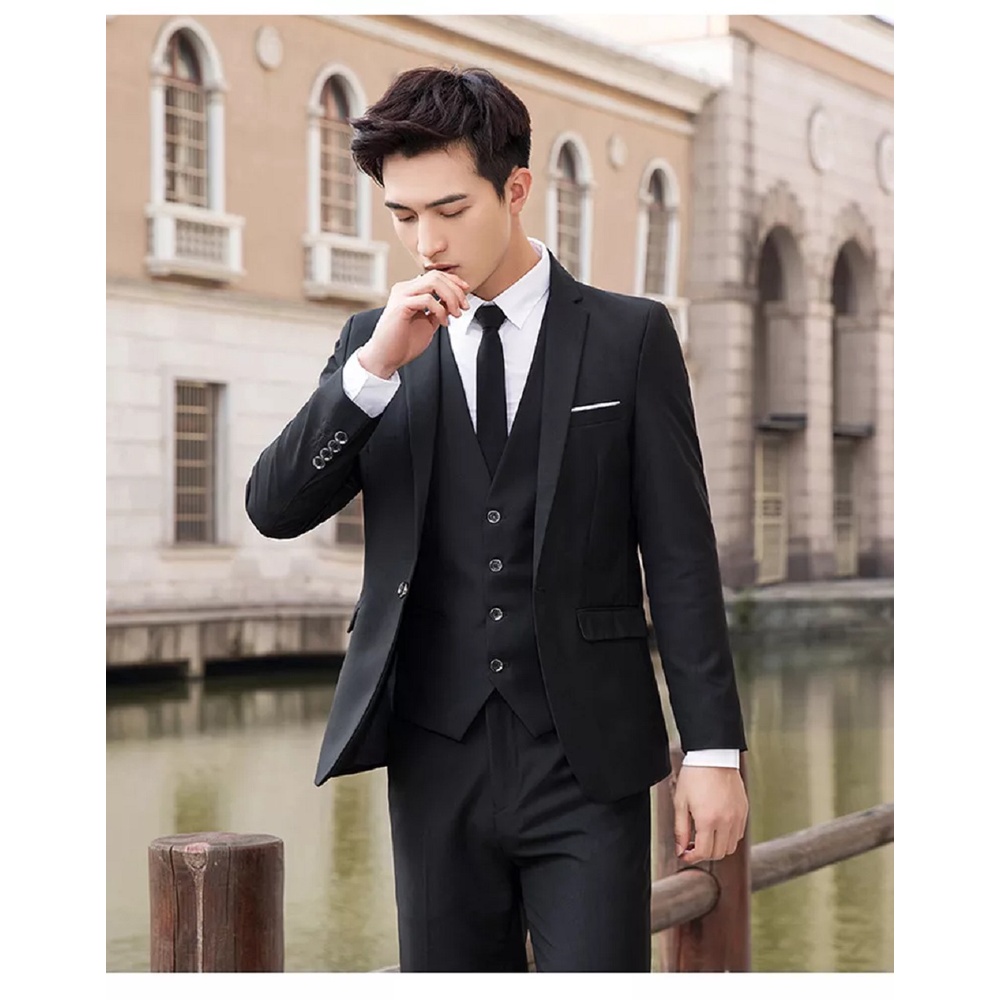 SETELAN JAS NIKAH RESMI FORMAL HITAM PRIA SLIMFIT LENGKAP 5IN1 - FULL BLACK TWIST WHITE LIST ORIGINAL NIKAYU EXCLUSIVE