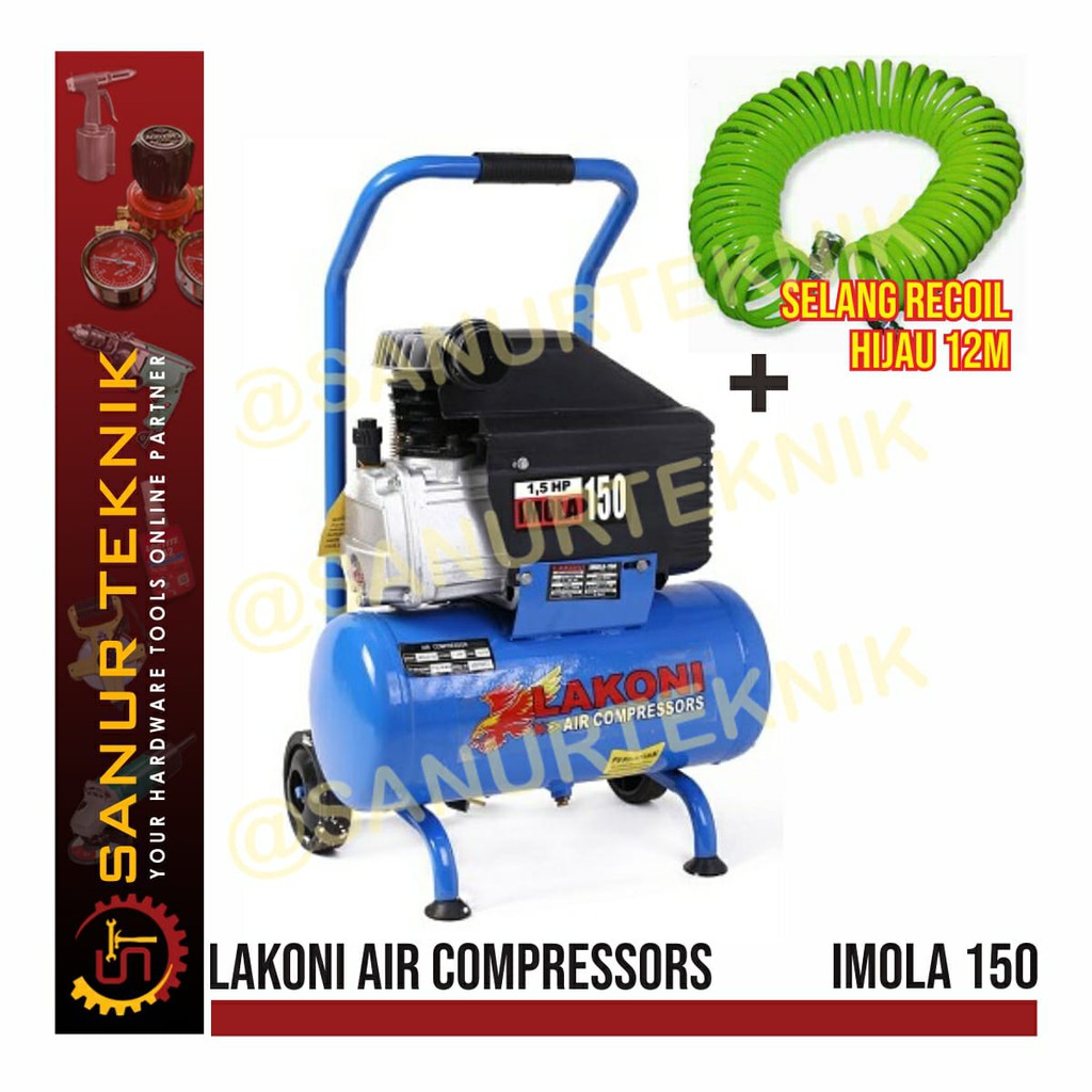 (PAKET) LAKONI IMOLA150 KOMPRESOR ANGIN + SELANG RECOIL HIJAU 12 METER