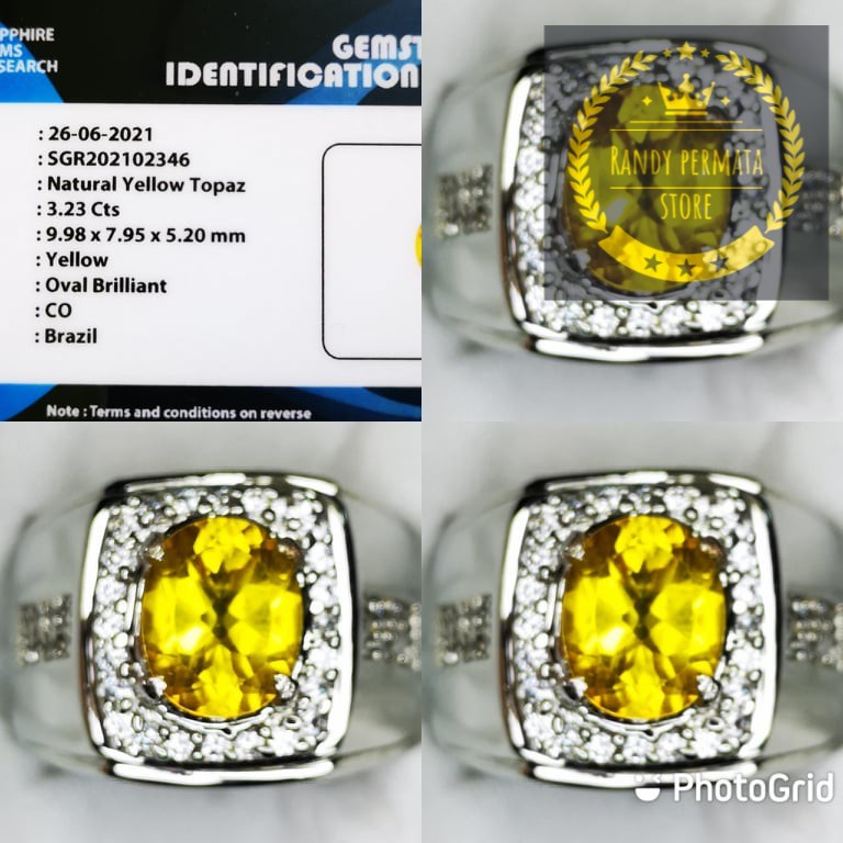 Natural Batu Cincin Permata Yellow Topaz Top Luster + Memo SGR Lab