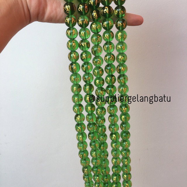 bongkah tibet hoki hijau clear quartz 12mm renceng bahan serat emas bahan gelang kalung aksesoris
