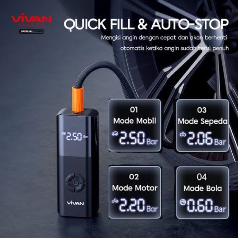 (VIVAN VT-02) Pompa Ban Elektrik inflator Tire LCD Display Air Compressor Mini VT-02