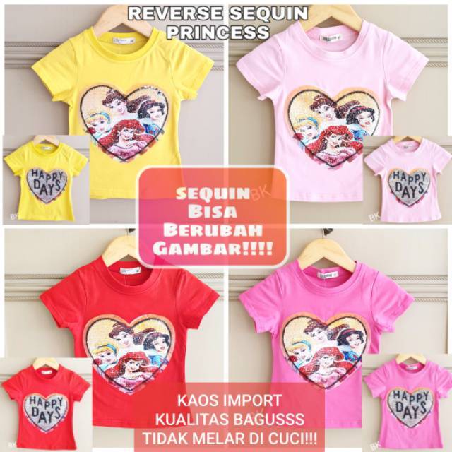 KAOS SEQUIN BERUBAH GAMBAR MOTIF PRINCESS AURORA BELLE CINDERELLA SNOW WHITE IMPORT BAGUS