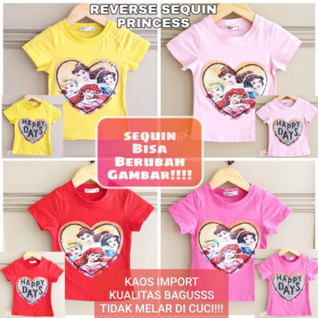 KAOS SEQUIN BERUBAH GAMBAR MOTIF PRINCESS AURORA BELLE CINDERELLA SNOW WHITE IMPORT BAGUS