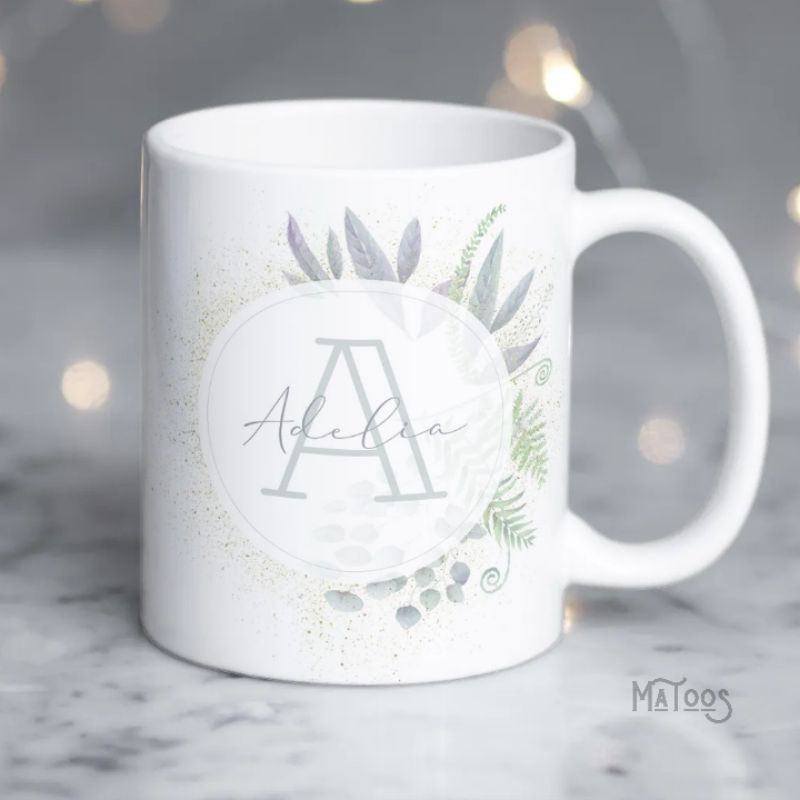 Mug Inisial Leaf Calm Huruf Nama Custom