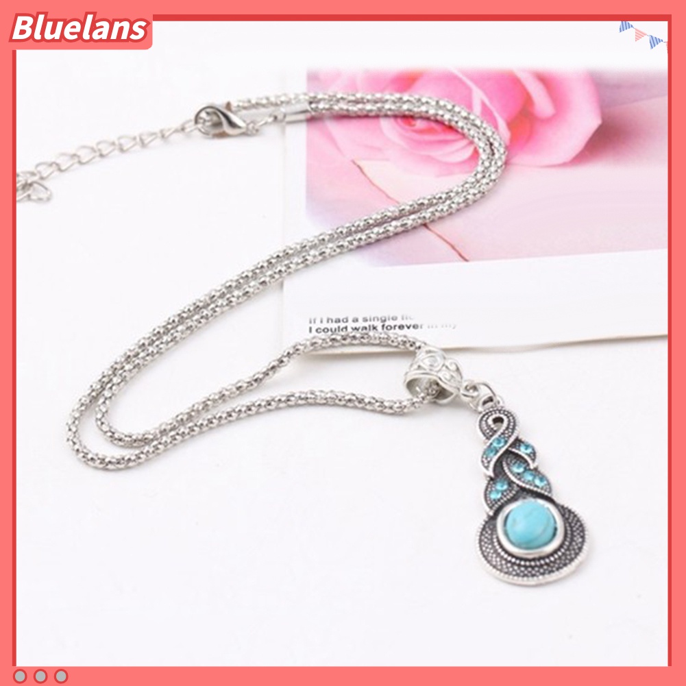 Set Perhiasan Kalung Anting Liontin Pirus Berlian Imitasi Gaya Retro Unik Untuk Wanita