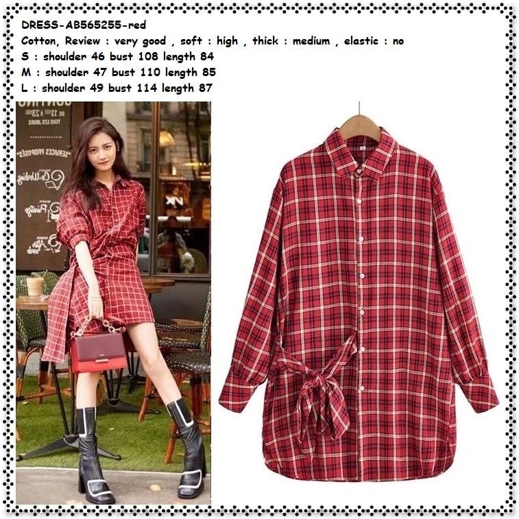 AB565255 Mini Dress Kemeja Kotak Merah Red Lengan Panjang Korea Import Jumbo Big Size