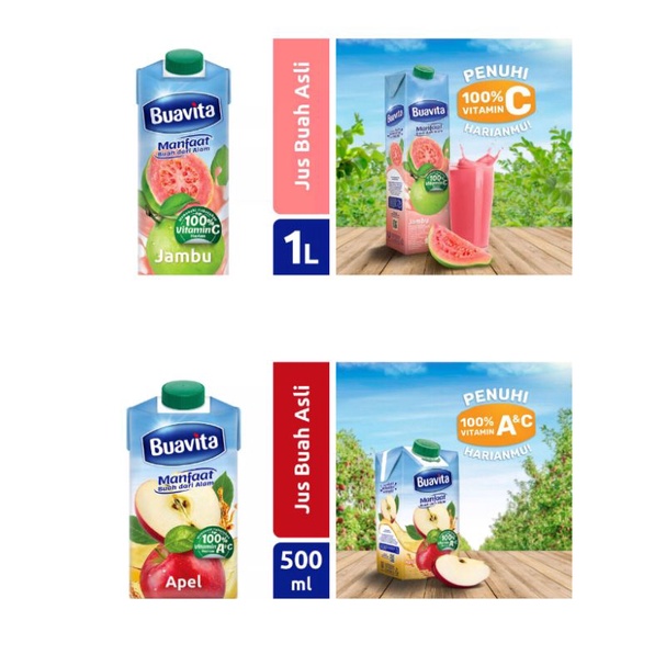 

BUAVITA JAMBU & APEL Jus Buah Asli kemasan 1 Liter & 0,5 Liter