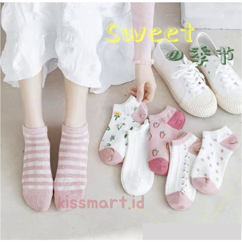 Kaos Kaki Strawberry Wanita Fashion Stroberi Bunga Kaoskaki Pendek Korea Sock Import